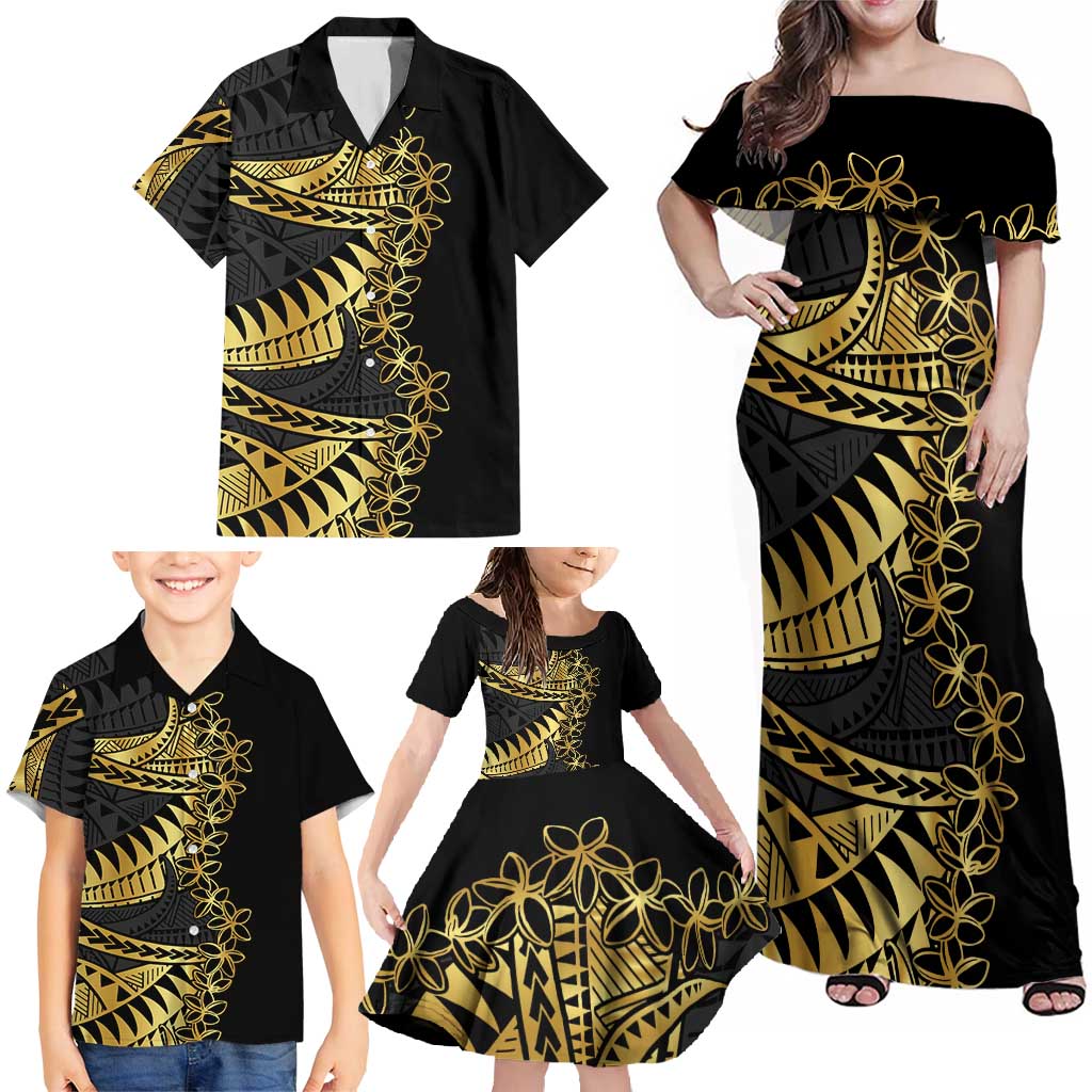 Polynesia Family Matching Off Shoulder Maxi Dress and Hawaiian Shirt Black & Gold Fancy Plumeria LT7 - Polynesian Pride