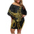 Polynesia Family Matching Off Shoulder Short Dress and Hawaiian Shirt Black & Gold Fancy Plumeria