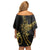 Polynesia Family Matching Off Shoulder Short Dress and Hawaiian Shirt Black & Gold Fancy Plumeria