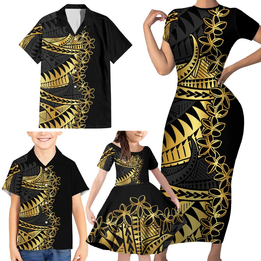 Polynesia Family Matching Short Sleeve Bodycon Dress and Hawaiian Shirt Black & Gold Fancy Plumeria