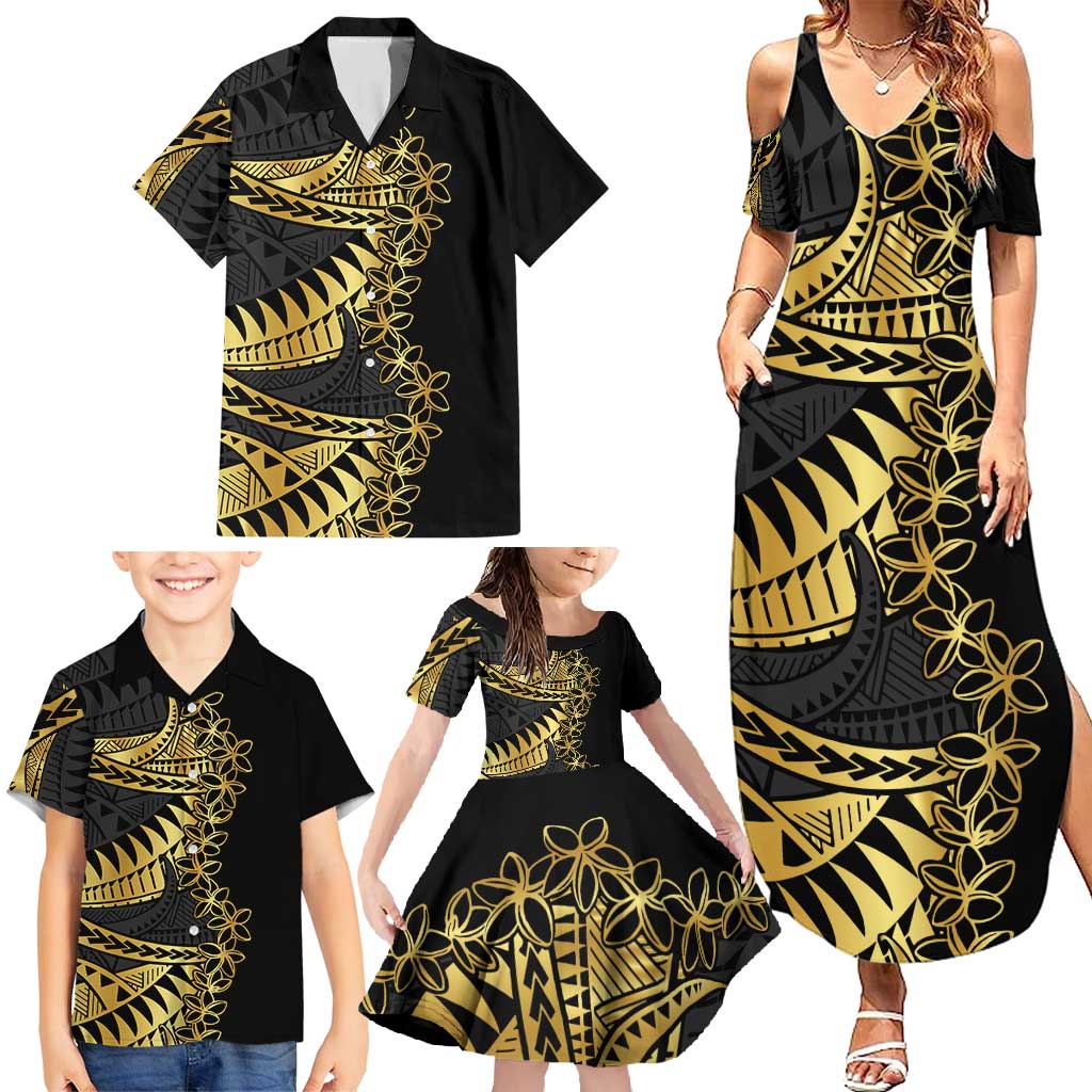 Polynesia Family Matching Summer Maxi Dress and Hawaiian Shirt Black & Gold Fancy Plumeria