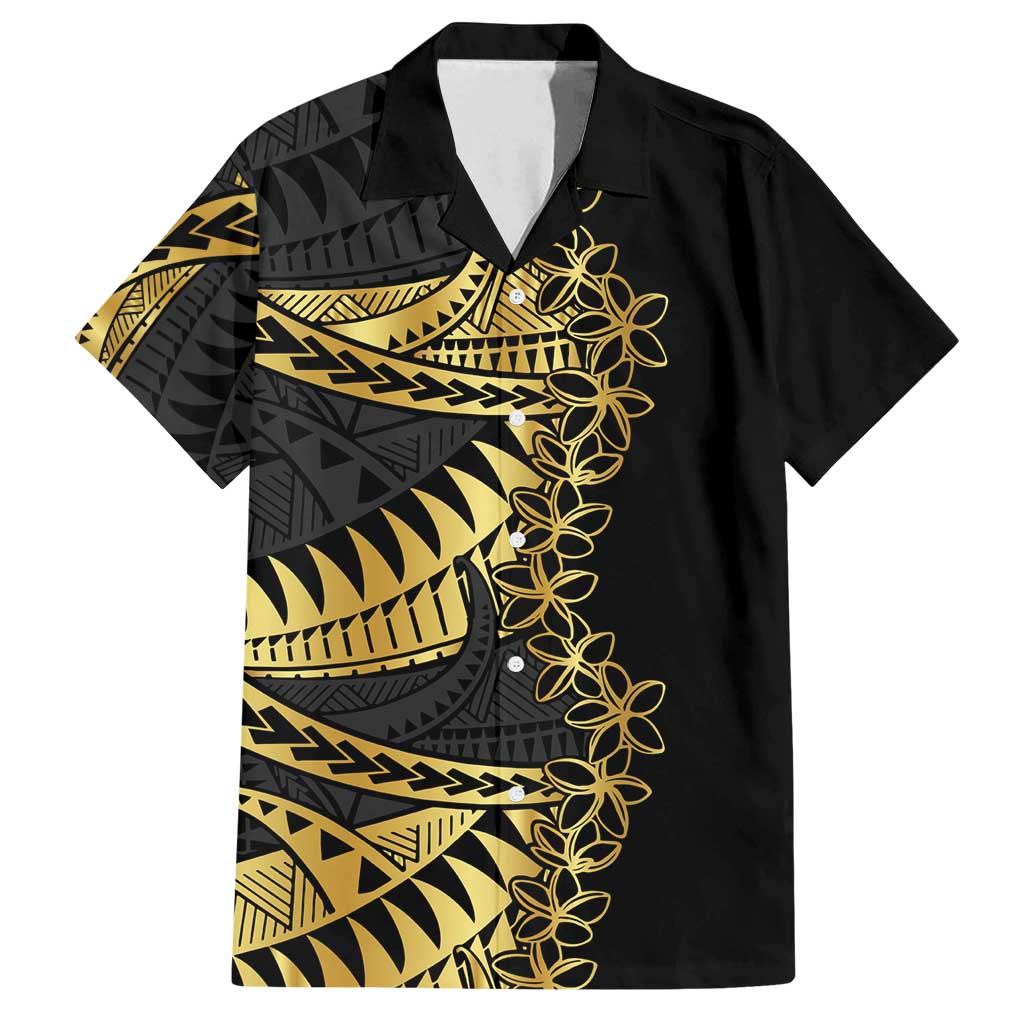Polynesia Family Matching Summer Maxi Dress and Hawaiian Shirt Black & Gold Fancy Plumeria LT7 Dad's Shirt - Short Sleeve Black Gold - Polynesian Pride