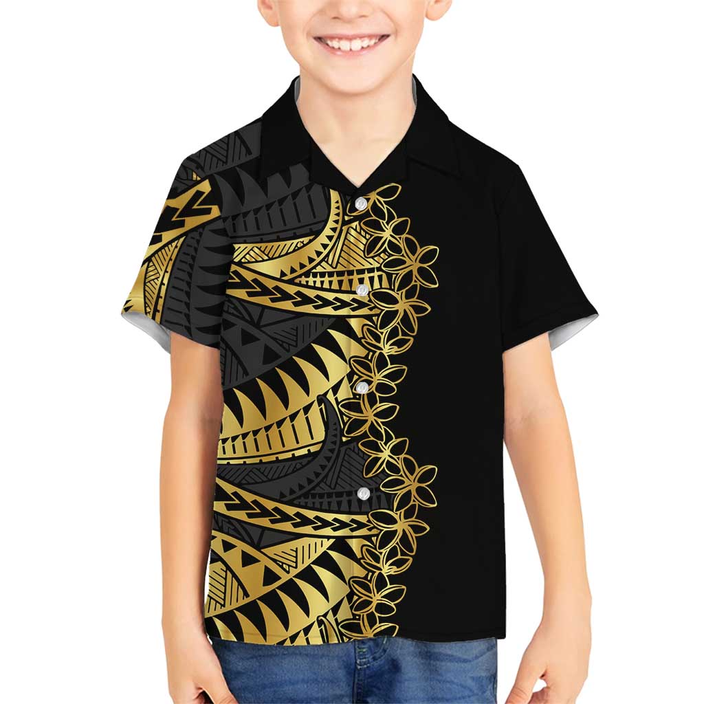Polynesia Family Matching Summer Maxi Dress and Hawaiian Shirt Black & Gold Fancy Plumeria LT7 Son's Shirt Black Gold - Polynesian Pride