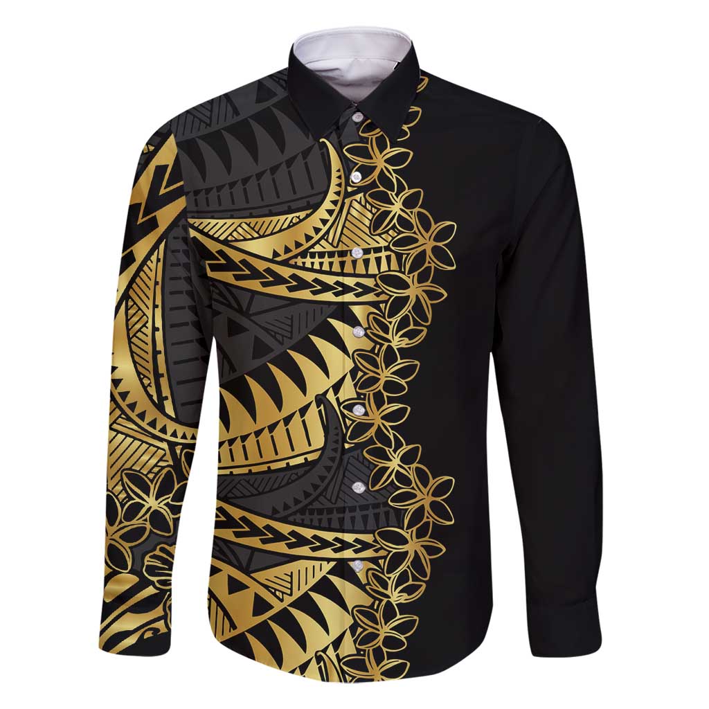 Polynesia Family Matching Tank Maxi Dress and Hawaiian Shirt Black & Gold Fancy Plumeria