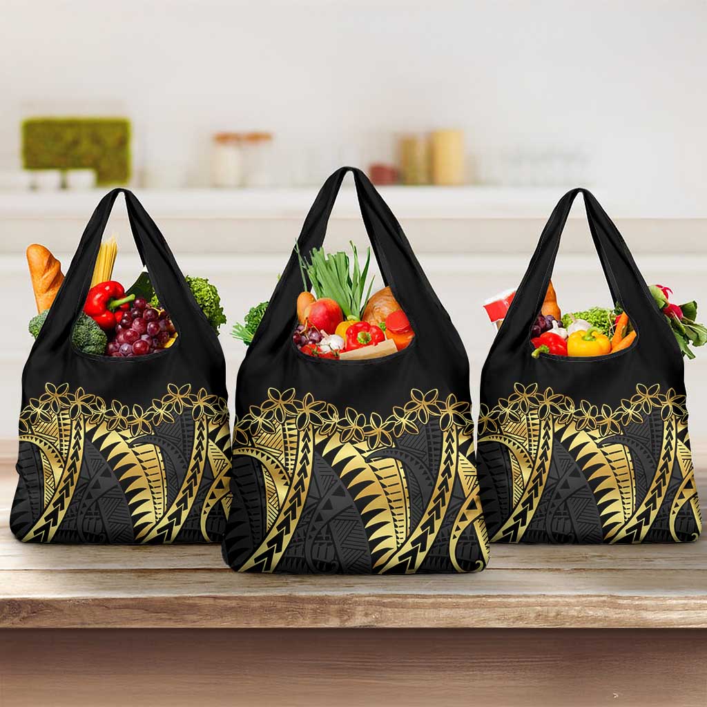 Polynesia Grocery Bag Black & Gold Fancy Plumeria LT7 3-pack One Size Black Gold - Polynesian Pride