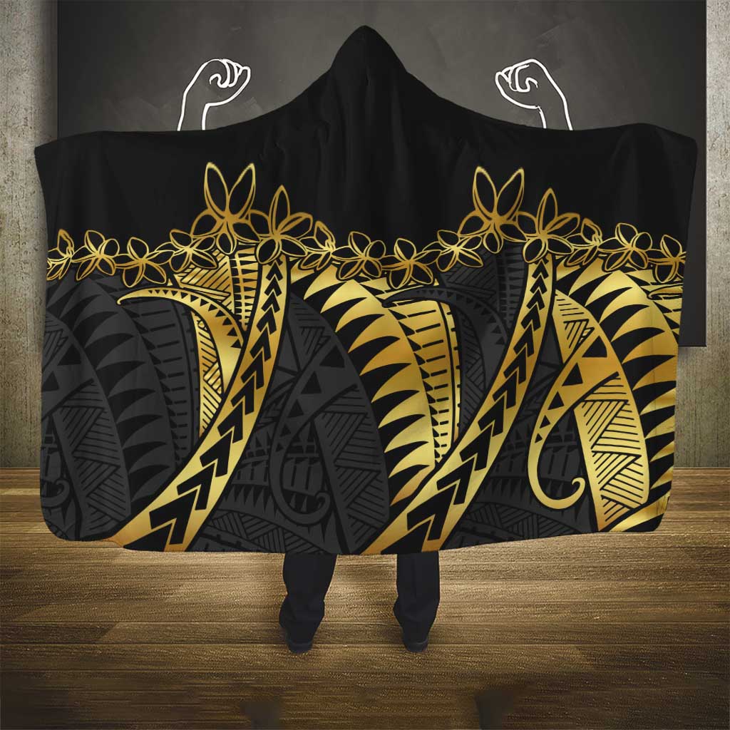 Polynesia Hooded Blanket Black & Gold Fancy Plumeria LT7 - Polynesian Pride