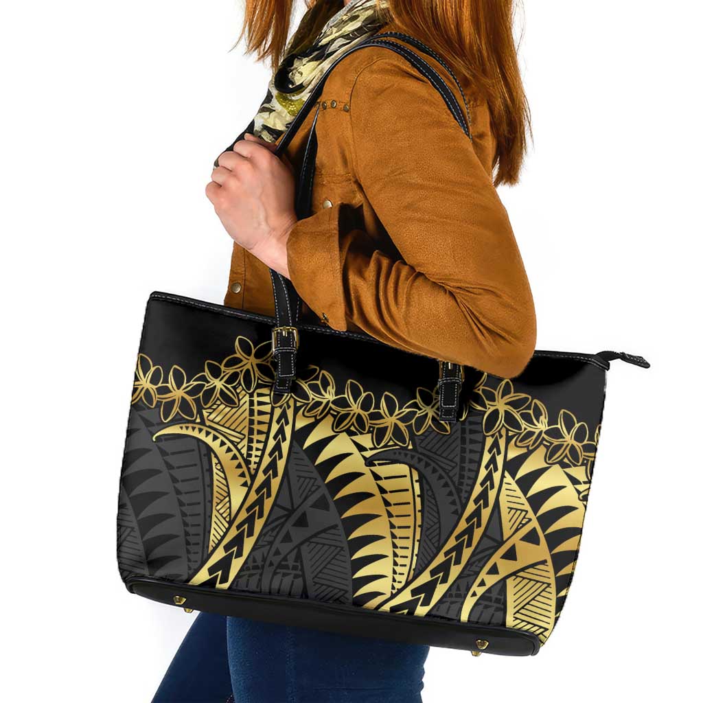 Polynesia Leather Tote Bag Black & Gold Fancy Plumeria LT7 Black Gold - Polynesian Pride