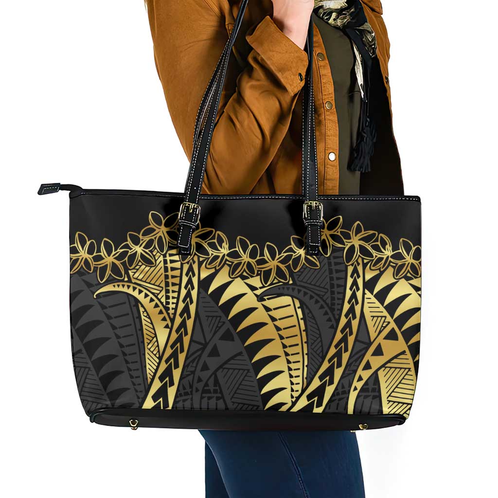 Polynesia Leather Tote Bag Black & Gold Fancy Plumeria LT7 - Polynesian Pride
