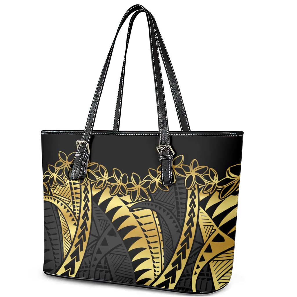Polynesia Leather Tote Bag Black & Gold Fancy Plumeria LT7 - Polynesian Pride