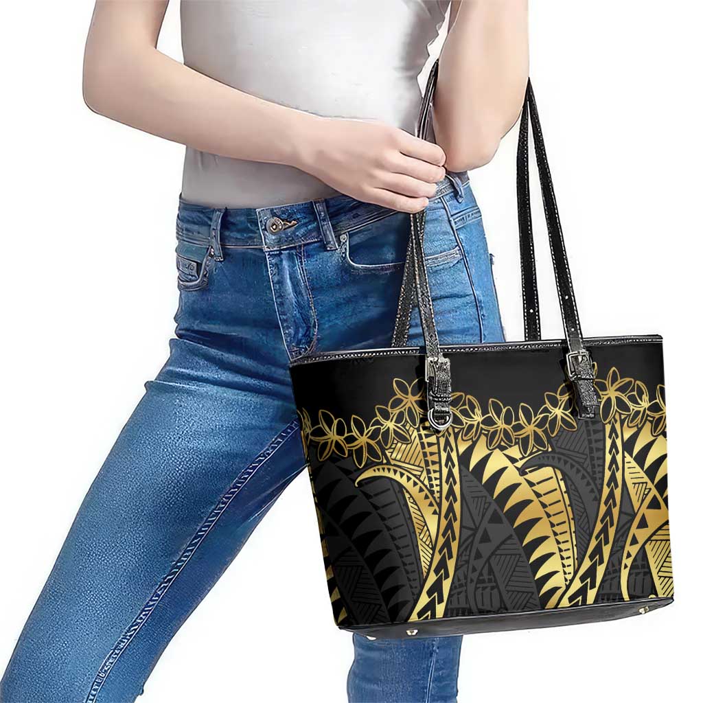 Polynesia Leather Tote Bag Black & Gold Fancy Plumeria LT7 - Polynesian Pride
