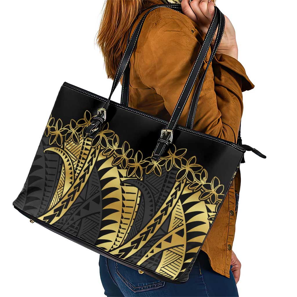 Polynesia Leather Tote Bag Black & Gold Fancy Plumeria LT7 - Polynesian Pride