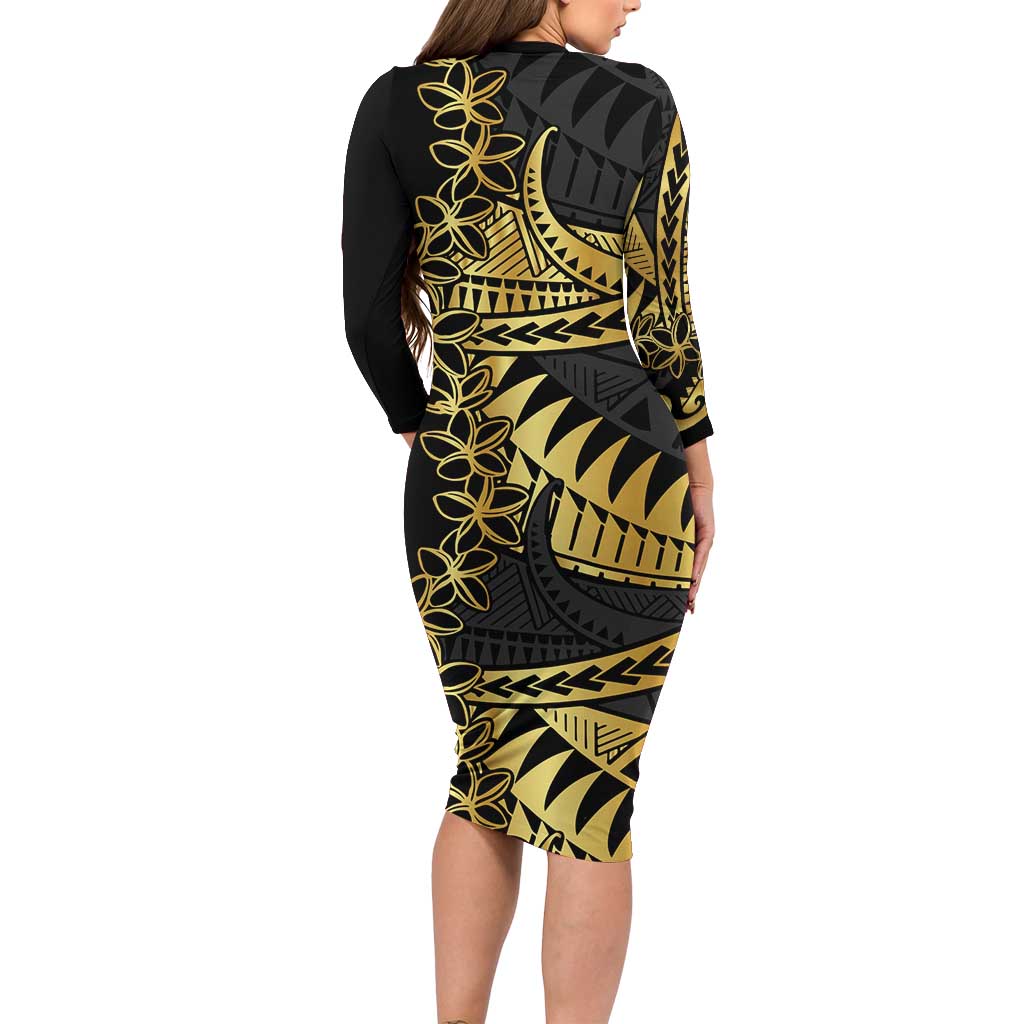 Polynesia Long Sleeve Bodycon Dress Black & Gold Fancy Plumeria
