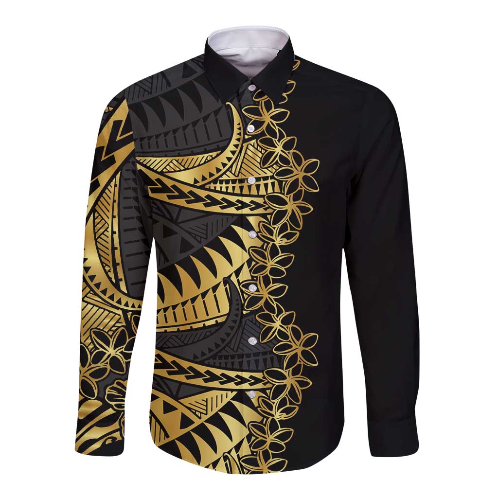 Polynesia Long Sleeve Button Shirt Black & Gold Fancy Plumeria