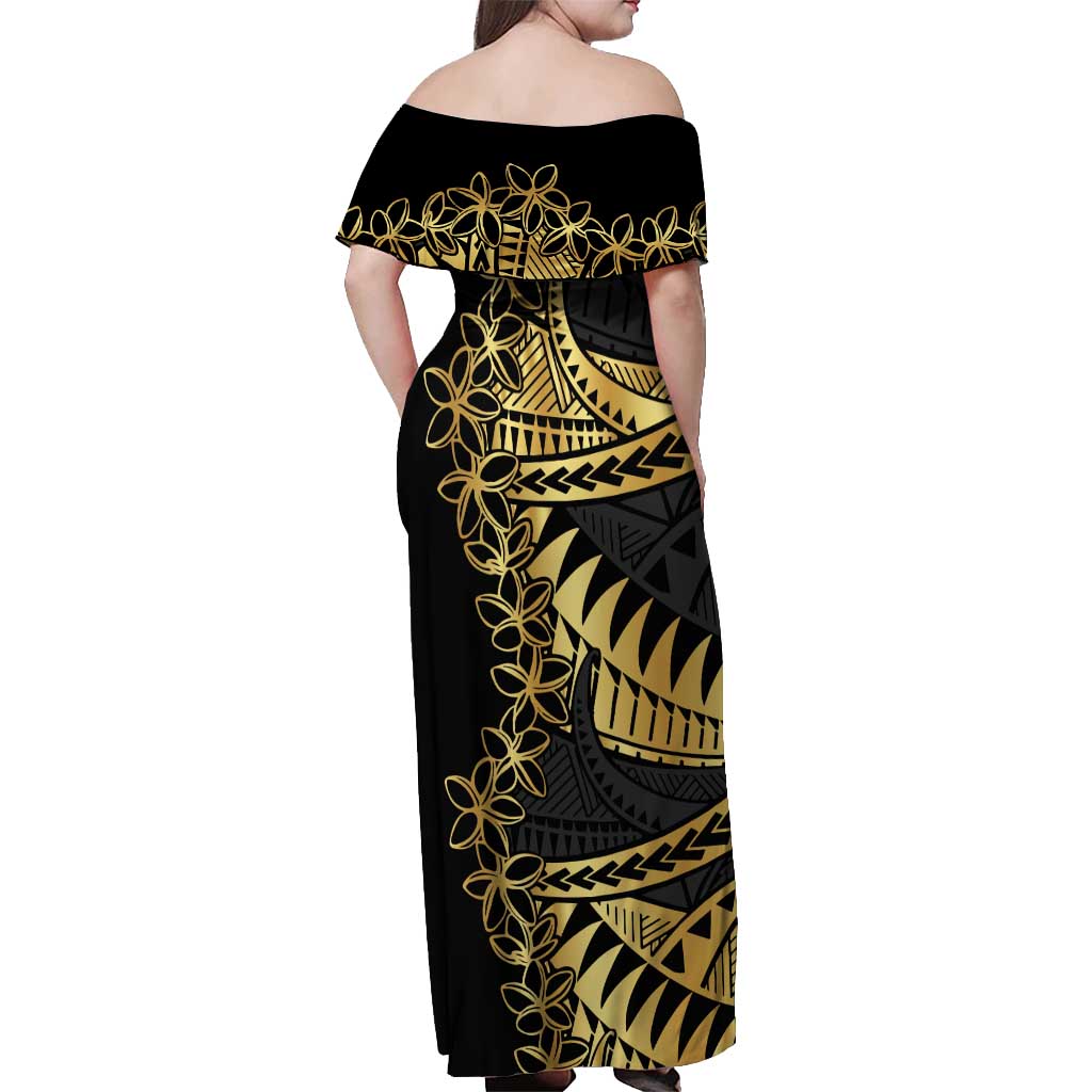 Polynesia Off Shoulder Maxi Dress Black & Gold Fancy Plumeria LT7 - Polynesian Pride