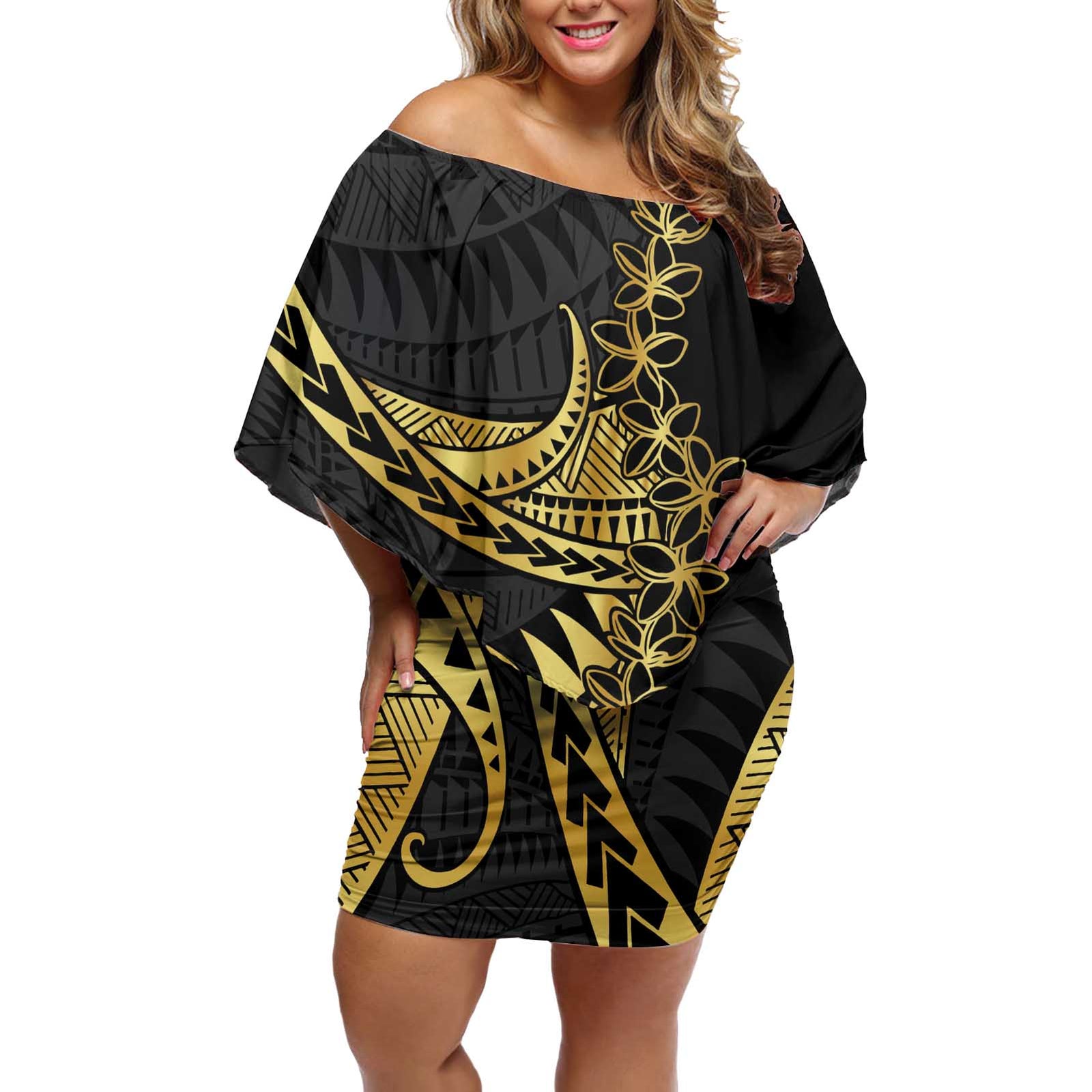 Polynesia Off Shoulder Short Dress Black & Gold Fancy Plumeria LT7 Women Black Gold - Polynesian Pride