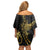 Polynesia Off Shoulder Short Dress Black & Gold Fancy Plumeria