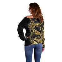 Polynesia Off Shoulder Sweater Black & Gold Fancy Plumeria