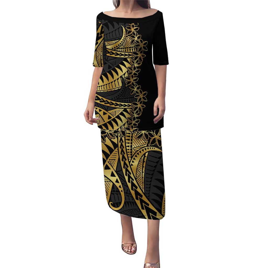 Polynesia Puletasi Black & Gold Fancy Plumeria LT7 Long Dress Black Gold - Polynesian Pride
