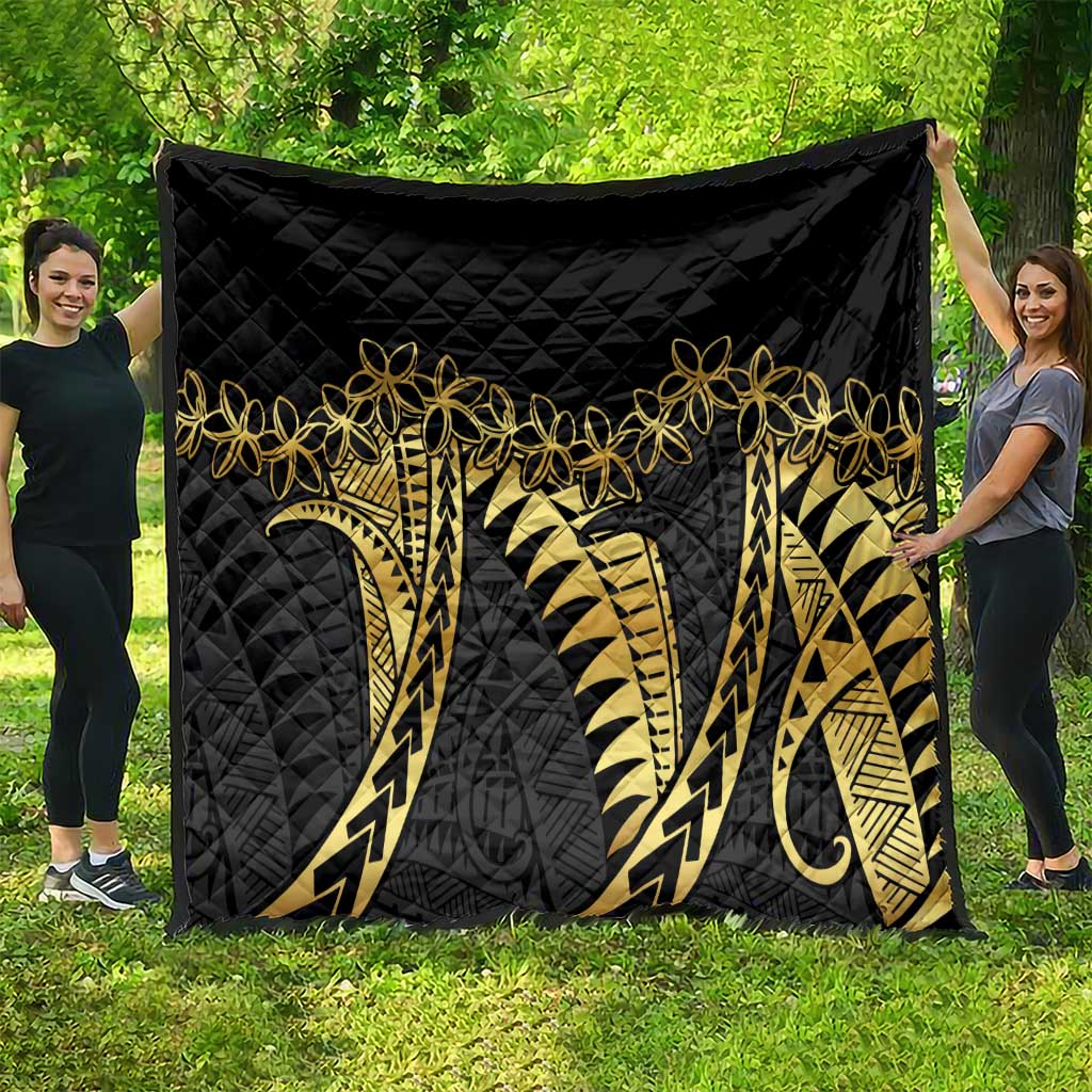 Polynesia Quilt Black & Gold Fancy Plumeria