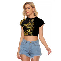 Polynesia Raglan Cropped T Shirt Black & Gold Fancy Plumeria LT7 Female Black Gold - Polynesian Pride