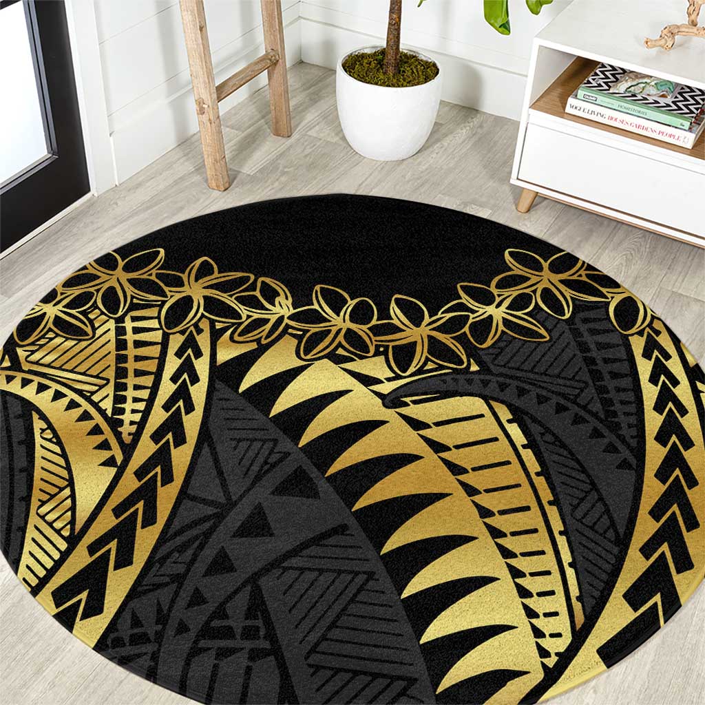 Polynesia Round Carpet Black & Gold Fancy Plumeria