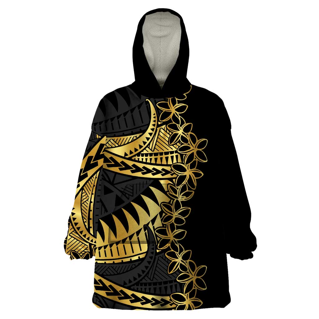 Polynesia Wearable Blanket Hoodie Black & Gold Fancy Plumeria LT7 One Size Black Gold - Polynesian Pride