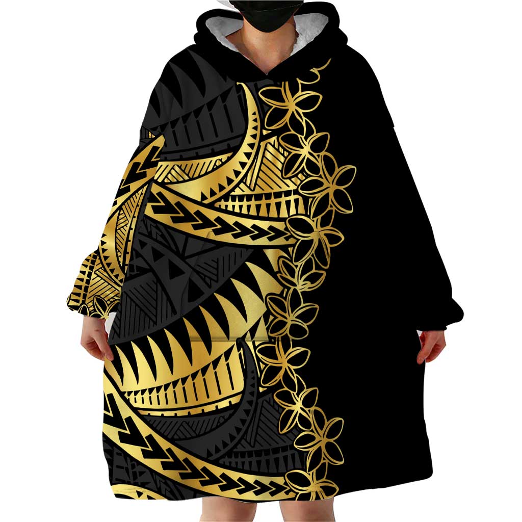 Polynesia Wearable Blanket Hoodie Black & Gold Fancy Plumeria LT7 - Polynesian Pride