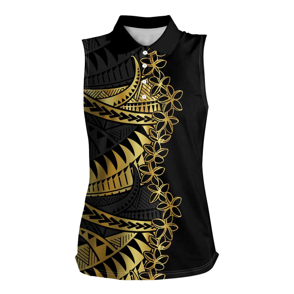 Polynesia Women Sleeveless Polo Shirt Black & Gold Fancy Plumeria