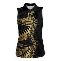 Polynesia Women Sleeveless Polo Shirt Black & Gold Fancy Plumeria