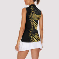 Polynesia Women Sleeveless Polo Shirt Black & Gold Fancy Plumeria