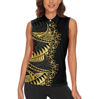 Polynesia Women Sleeveless Polo Shirt Black & Gold Fancy Plumeria