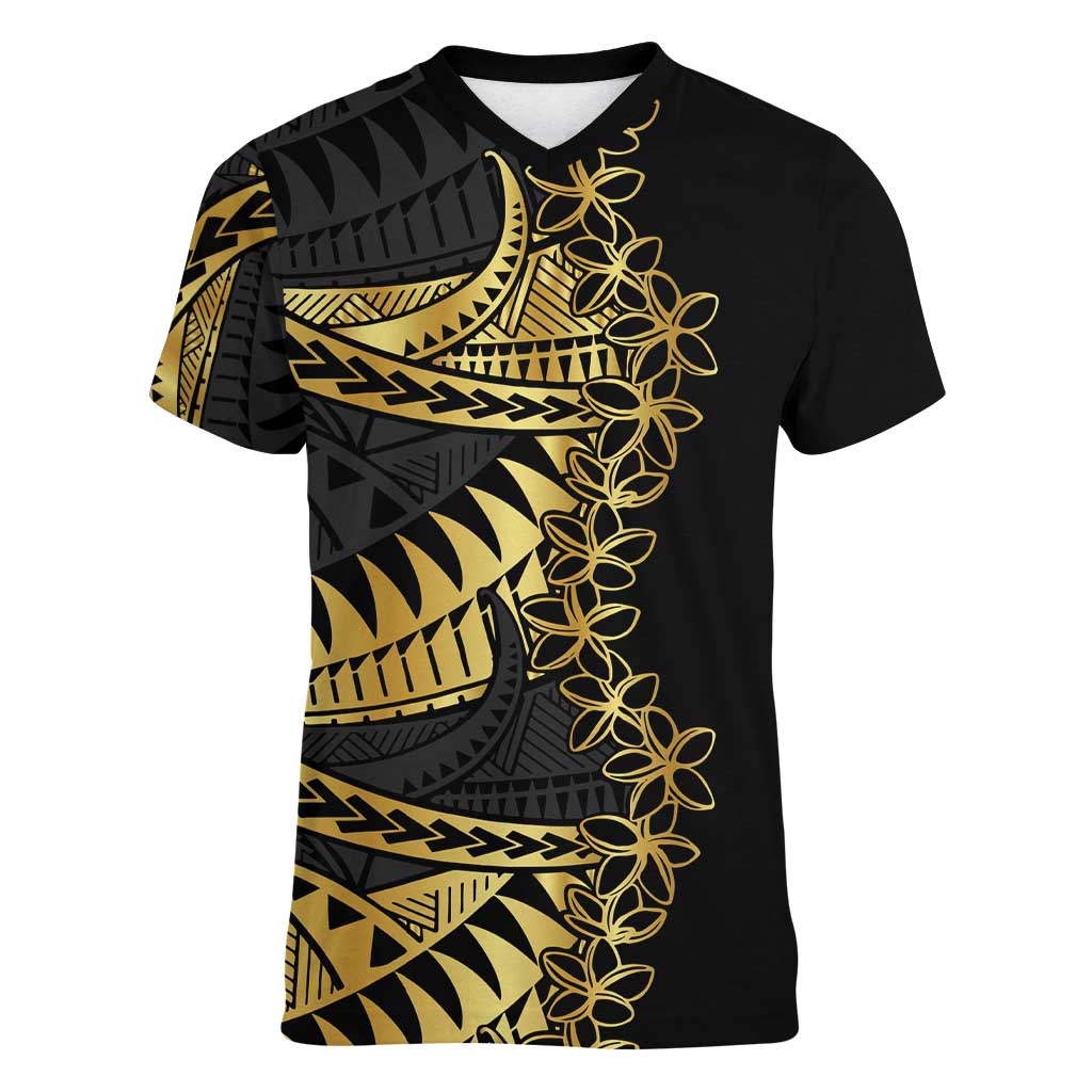 Polynesia Women V-Neck T-Shirt Black & Gold Fancy Plumeria LT7 Female Black Gold - Polynesian Pride