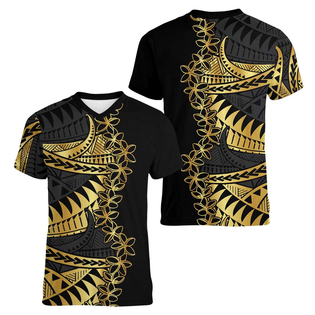 Polynesia Women V-Neck T-Shirt Black & Gold Fancy Plumeria LT7 - Polynesian Pride
