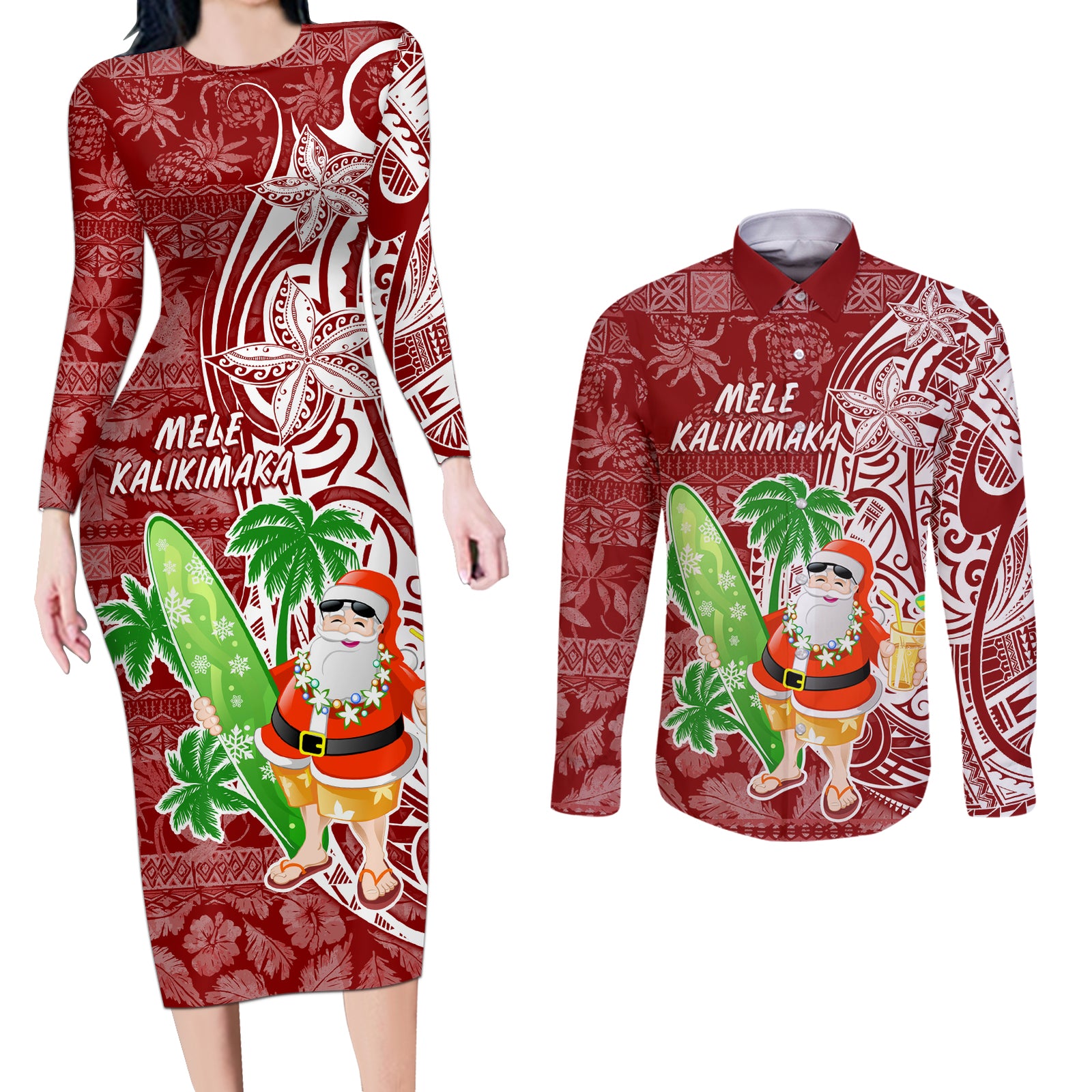 Hawaii Christmas Mele Kalikimaka Couples Matching Long Sleeve Bodycon Dress and Long Sleeve Button Shirt Santa Claus LT7 Red - Polynesian Pride