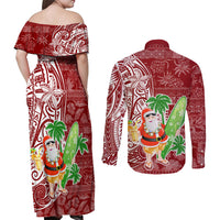 Hawaii Christmas Mele Kalikimaka Couples Matching Off Shoulder Maxi Dress and Long Sleeve Button Shirt Santa Claus LT7 - Polynesian Pride