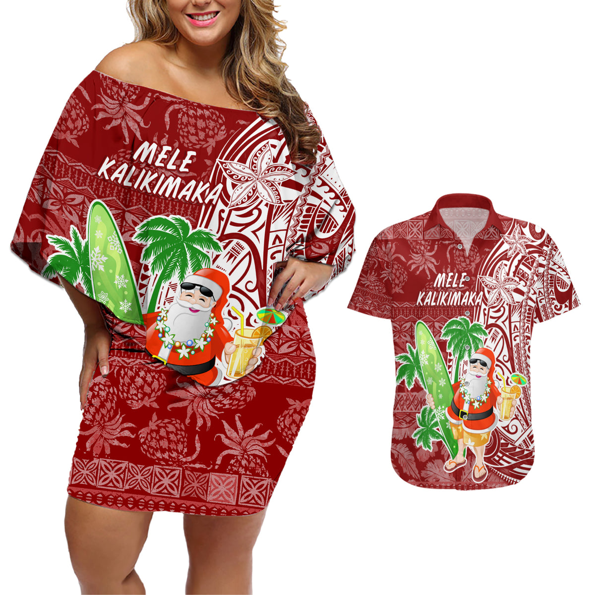 Hawaii Christmas Mele Kalikimaka Couples Matching Off Shoulder Short Dress and Hawaiian Shirt Santa Claus LT7 Red - Polynesian Pride