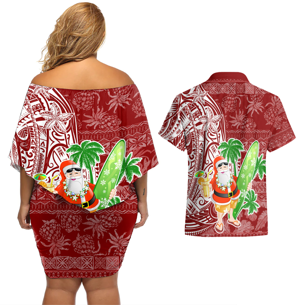 Hawaii Christmas Mele Kalikimaka Couples Matching Off Shoulder Short Dress and Hawaiian Shirt Santa Claus LT7 - Polynesian Pride