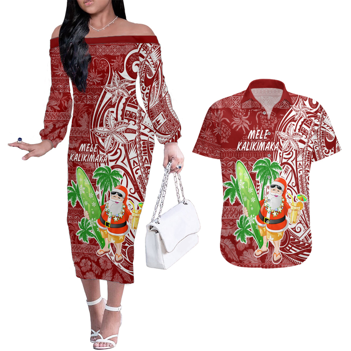 Hawaii Christmas Mele Kalikimaka Couples Matching Off The Shoulder Long Sleeve Dress and Hawaiian Shirt Santa Claus LT7 Red - Polynesian Pride