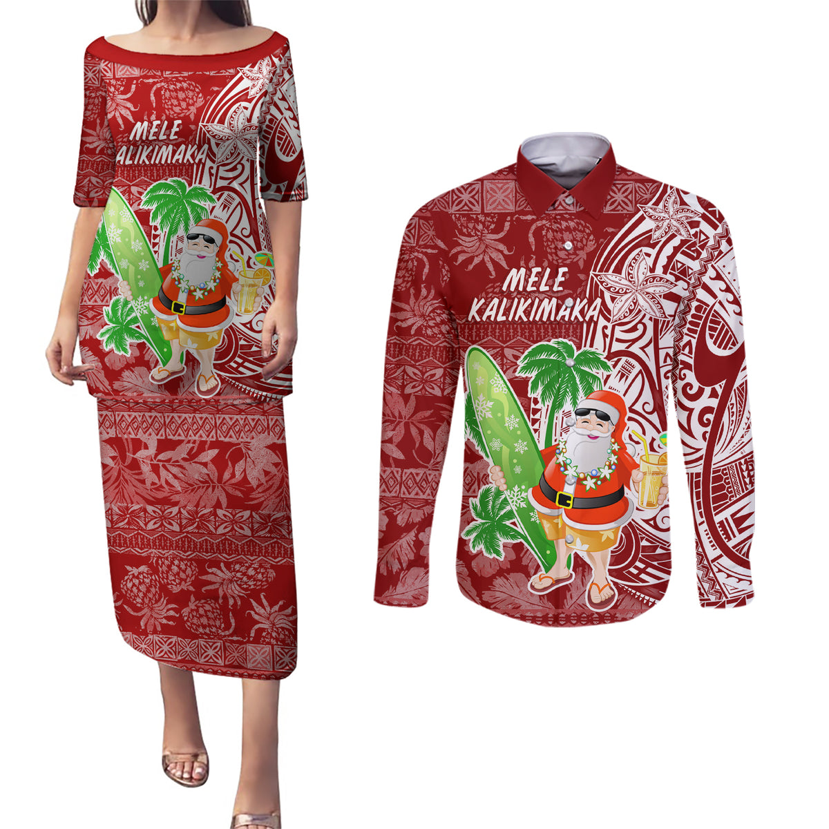 Hawaii Christmas Mele Kalikimaka Couples Matching Puletasi Dress and Long Sleeve Button Shirt Santa Claus LT7 Red - Polynesian Pride