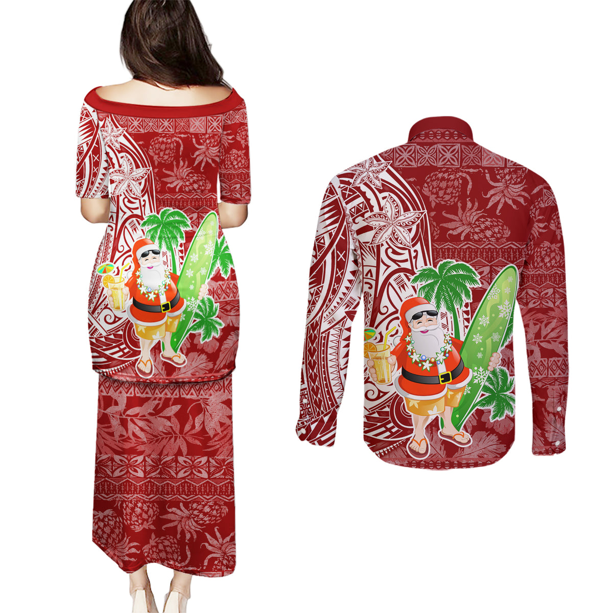 Hawaii Christmas Mele Kalikimaka Couples Matching Puletasi Dress and Long Sleeve Button Shirt Santa Claus LT7 - Polynesian Pride