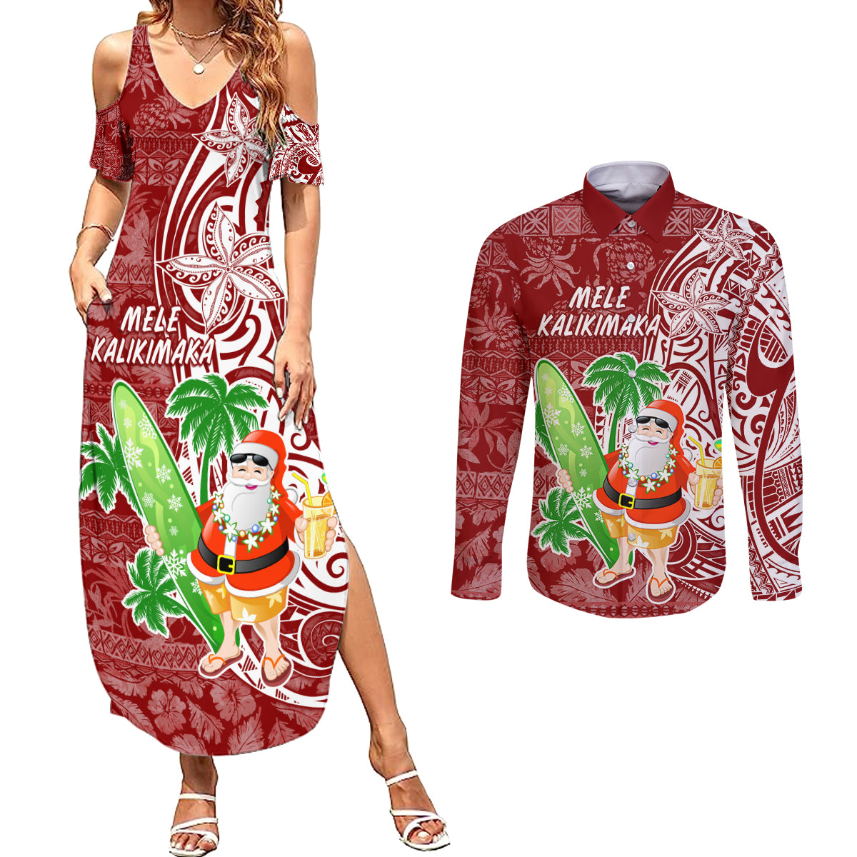 Hawaii Christmas Mele Kalikimaka Couples Matching Summer Maxi Dress and Long Sleeve Button Shirt Santa Claus LT7 Red - Polynesian Pride