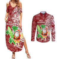 Hawaii Christmas Mele Kalikimaka Couples Matching Summer Maxi Dress and Long Sleeve Button Shirt Santa Claus LT7 Red - Polynesian Pride