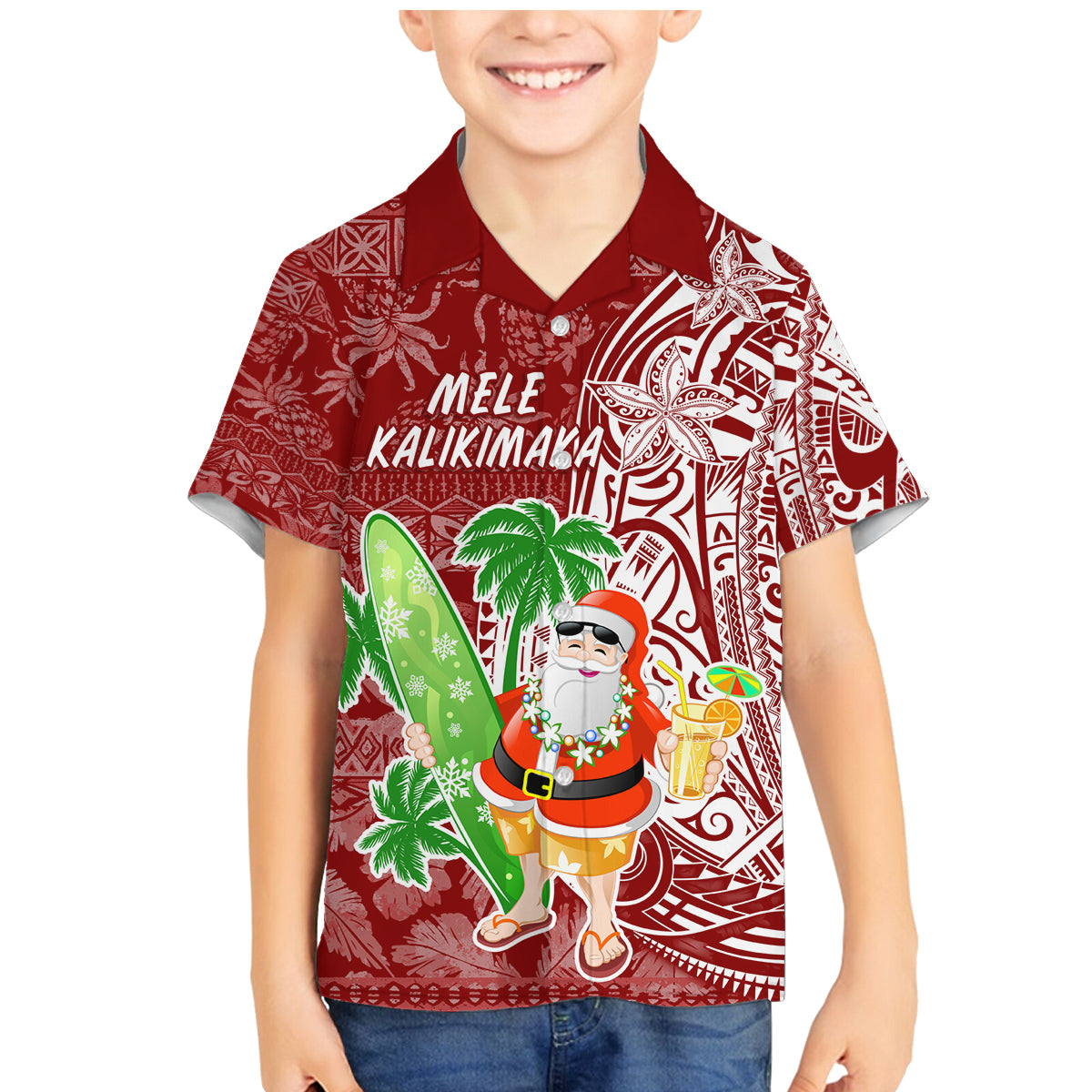 Hawaii Christmas Mele Kalikimaka Family Matching Mermaid Dress and Hawaiian Shirt Santa Claus LT7 Son's Shirt Red - Polynesian Pride