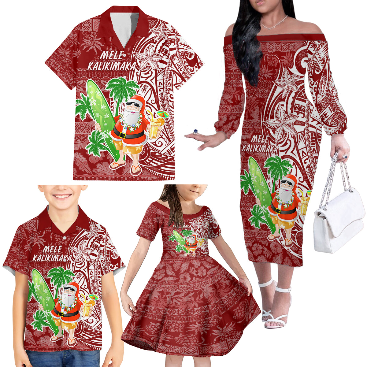 Hawaii Christmas Mele Kalikimaka Family Matching Off Shoulder Long Sleeve Dress and Hawaiian Shirt Santa Claus LT7 - Polynesian Pride