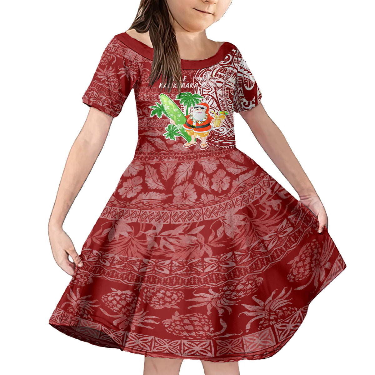 Hawaii Christmas Mele Kalikimaka Family Matching Off Shoulder Maxi Dress and Hawaiian Shirt Santa Claus LT7 Daughter's Dress Red - Polynesian Pride