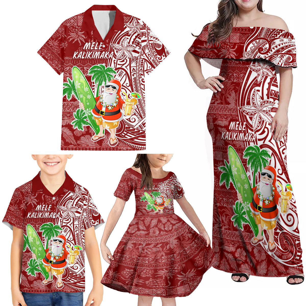 Hawaii Christmas Mele Kalikimaka Family Matching Off Shoulder Maxi Dress and Hawaiian Shirt Santa Claus LT7 - Polynesian Pride