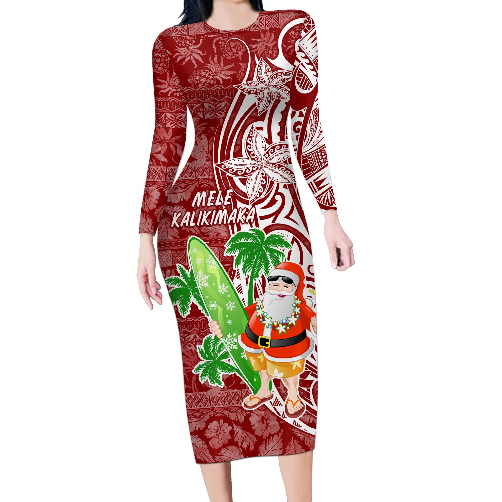 Hawaii Christmas Mele Kalikimaka Long Sleeve Bodycon Dress Santa Claus LT7 Long Dress Red - Polynesian Pride