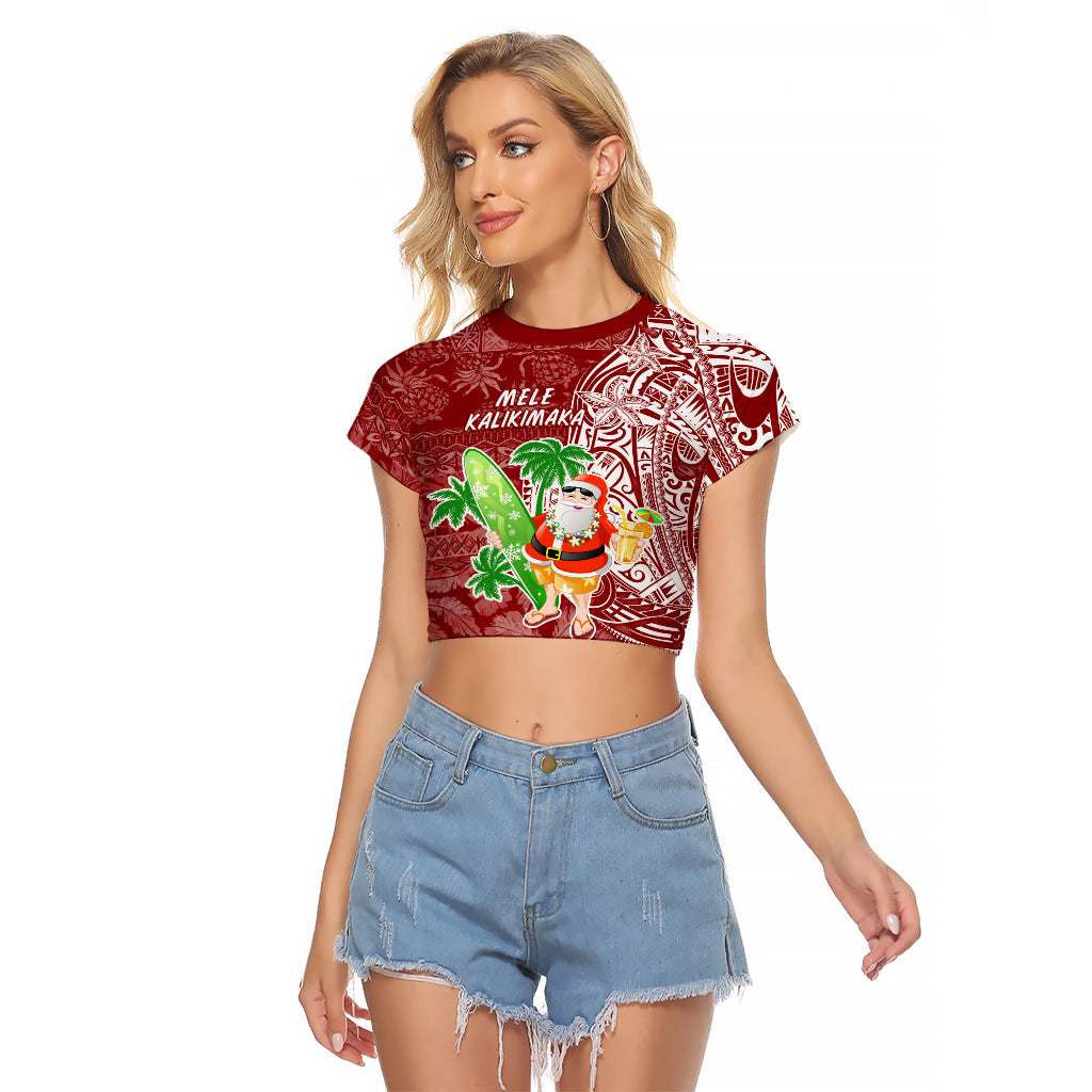 Hawaii Christmas Mele Kalikimaka Raglan Cropped T Shirt Santa Claus LT7 Female Red - Polynesian Pride
