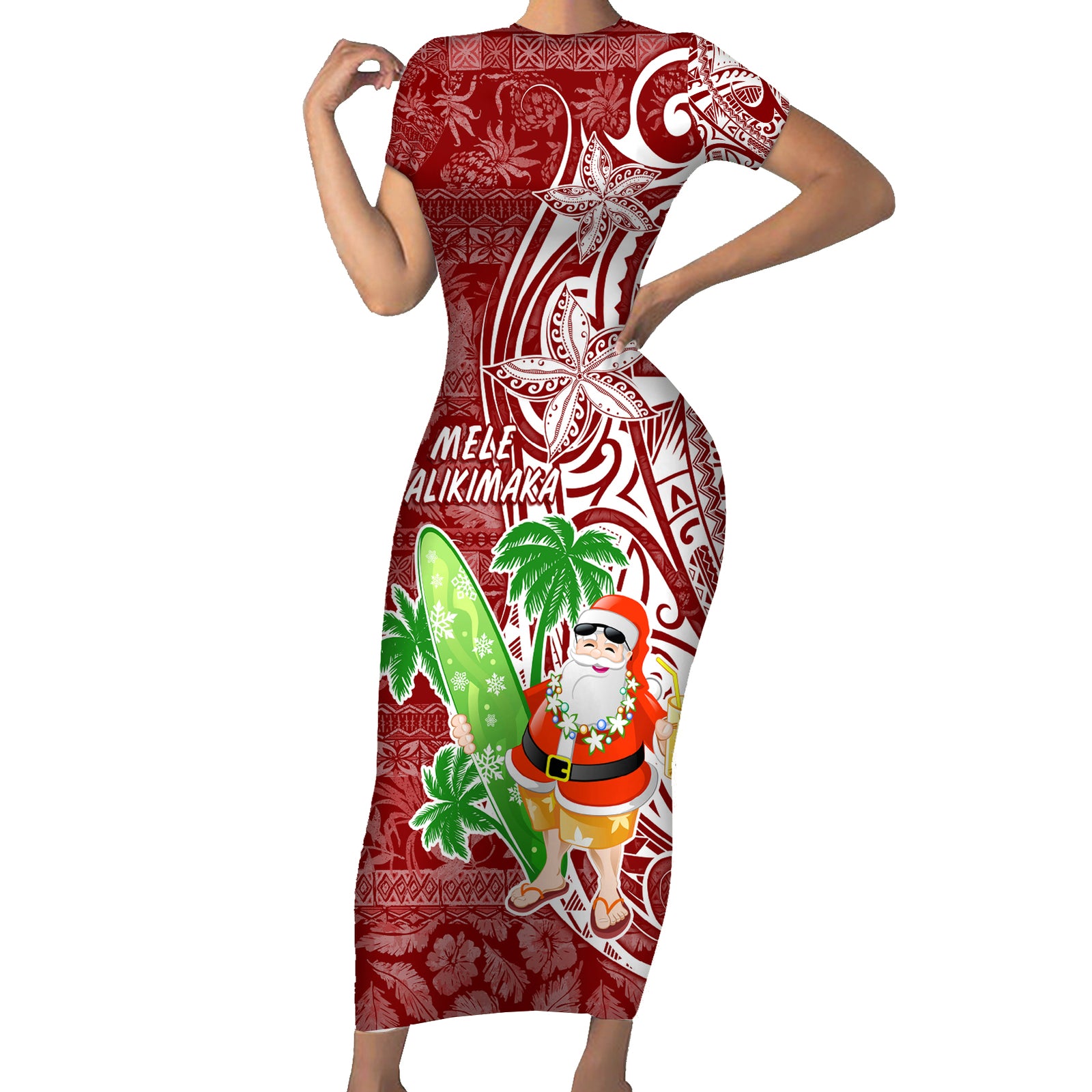 Hawaii Christmas Mele Kalikimaka Short Sleeve Bodycon Dress Santa Claus LT7 Long Dress Red - Polynesian Pride