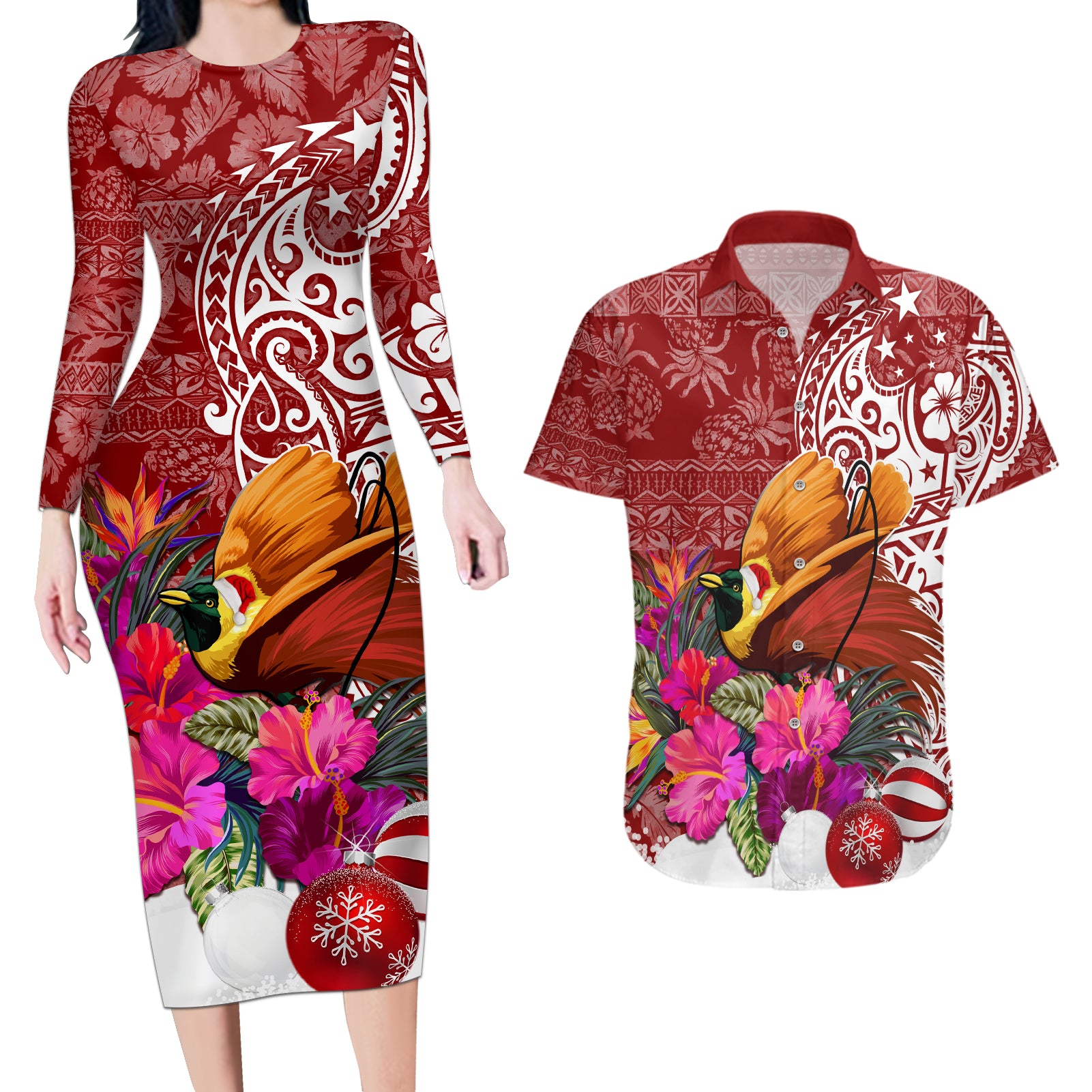 Papua New Guinea Christmas Couples Matching Long Sleeve Bodycon Dress and Hawaiian Shirt Bird-of-Paradise Special LT7 Red - Polynesian Pride